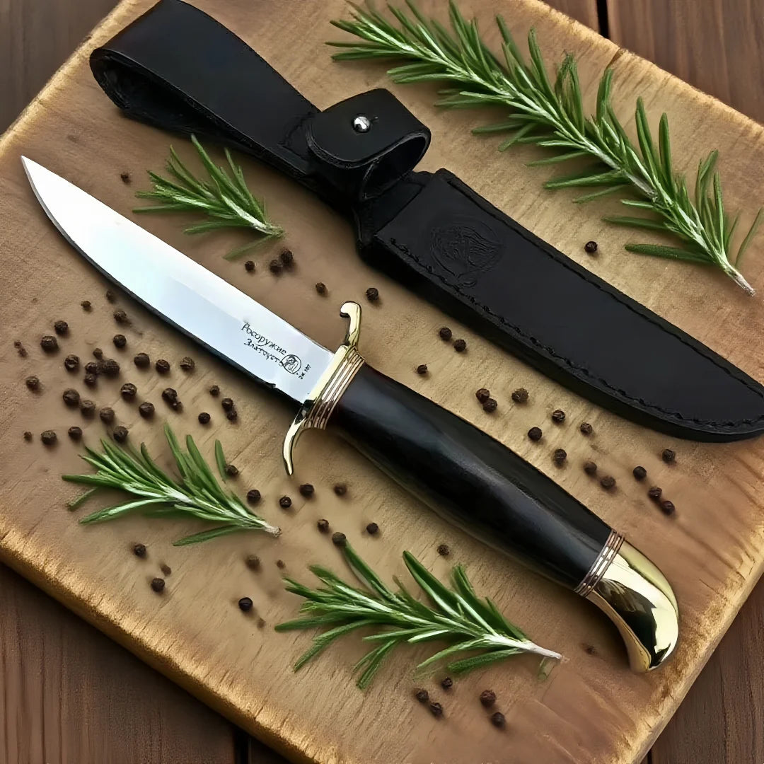 Russian handcrafted straight knife, ebony brass handle, steak slicing knife, household sharp fruit knife
