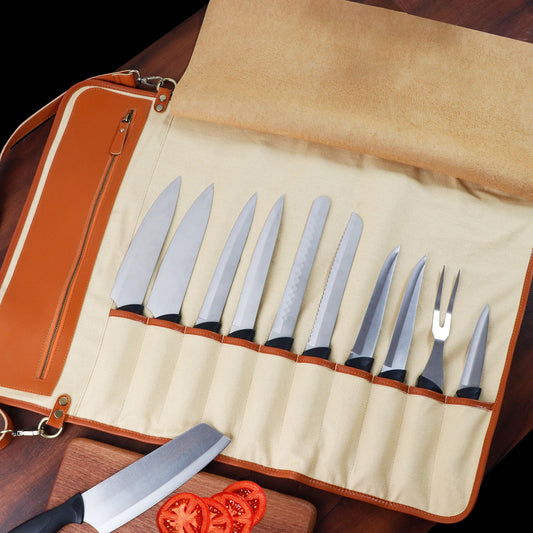 תיק עור לגלגול סכינים – מארגן סכינים מקצועי, נייד ונוח לשפים ולסטודנטים לקולינריה