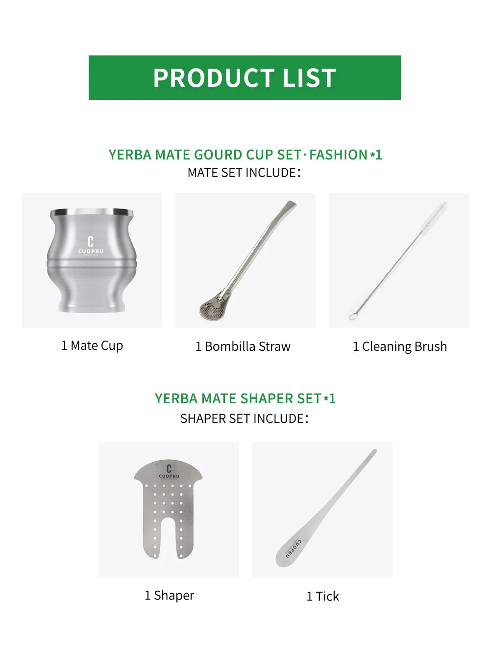 طقم متكامل وعالي الجودة يشمل كوب CUOPRU مزدوج الجدار المصنوع من ستانلستيل فاخر، مع مصفاة شاي احترافية، وقشة بومبيّا (Bombilla) للتصفية المثالية، إضافةً إلى فرشاة تنظيف للحفاظ على لمعان الكوب ونظافته. اختيار راقٍ لعشّاق الماته والذوق الرفيع.