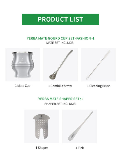طقم متكامل وعالي الجودة يشمل كوب CUOPRU مزدوج الجدار المصنوع من ستانلستيل فاخر، مع مصفاة شاي احترافية، وقشة بومبيّا (Bombilla) للتصفية المثالية، إضافةً إلى فرشاة تنظيف للحفاظ على لمعان الكوب ونظافته. اختيار راقٍ لعشّاق الماته والذوق الرفيع.