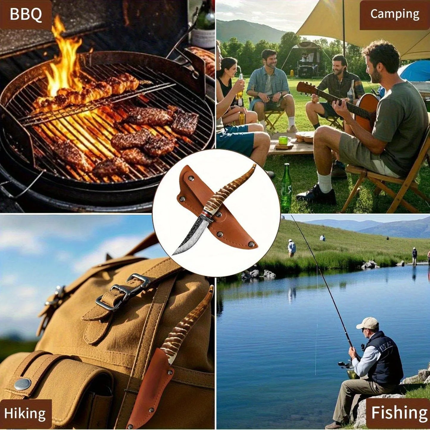 סכין דמשק רב־תכליתית בעבודת יד – חדה, עמידה ומרשימה. ידית ארגונומית נגד החלקה לאחיזה מושלמת, מתאימה לחיתוך בשר, פירות ופעילויות שטח וקמפינג. כוללת נדן מגן לנשיאה בטוחה וסטייל מקצועי.