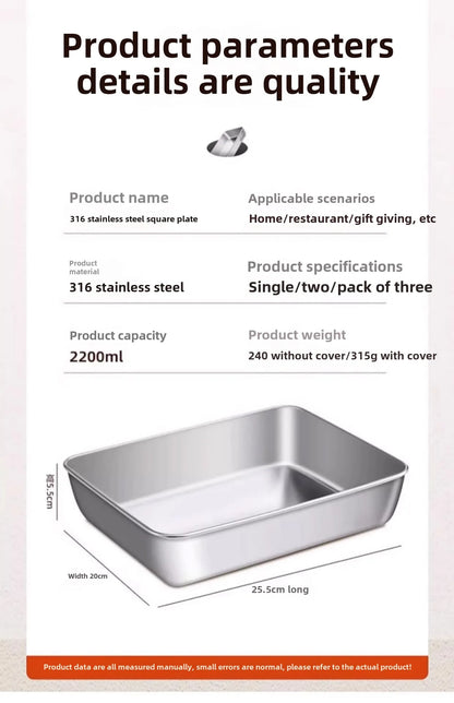 קופסת אחסון מזון מלבנית מנירוסטה 316 איכותית עם מכסה – לשמירה על טריות המזון. עשויה מחומר ברמה גבוהה, עמידה לאורך זמן, קלה לניקוי ומתאימה לאחסון בטוח של מזון חם או קר. מושלמת למטבח הביתי, לטיולים או לעבודה.