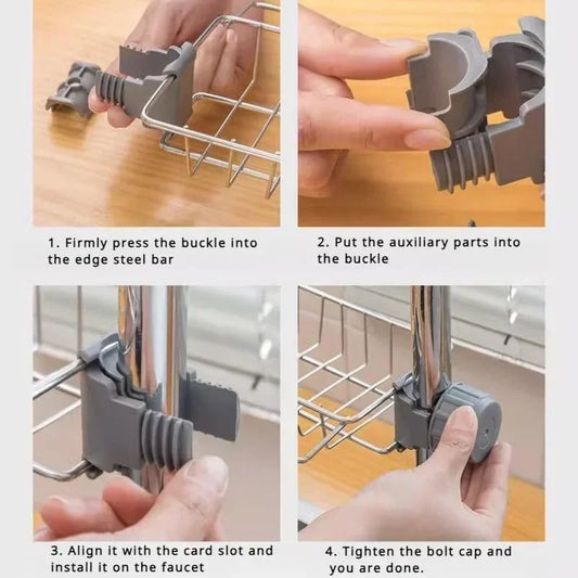 מתקן תלייה נשלף מנירוסטה לכיור – מדף אחסון חכם על הברז לספוגים, סמרטוטים ואביזרי ניקוי. עמיד, נוח וחוסך מקום – לשמירה על כיור מסודר ונקי בסטייל.