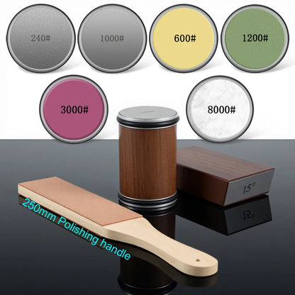 ערכת השחזה מגנטית עם גלגל זווית 15° ו-20°, כוללת אבן יהלום להשחזה מדויקת ומחזיק סכין מגנטי. פתרון מקצועי וקל לשימוש להשחזת סכיני מטבח ברמת שף.