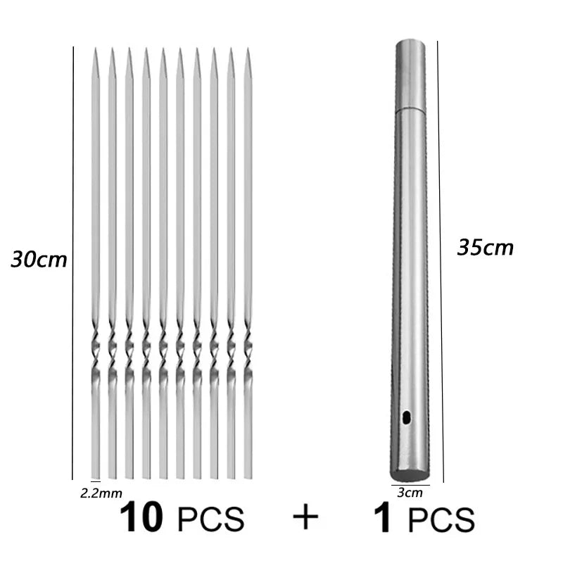שיפודי ברביקיו איכותיים מנירוסטה, עמידים בחום ומתאימים לצלייה של שish kebab, בשר, ירקות ועוד. אידיאליים לשימוש בחוץ – קמפינג, פיקניק, מנגל ביתי וכל כלי הבישול הנלווים. קלים לניקוי ולשימוש חוזר, כלי חובה לכל חובב גריל.