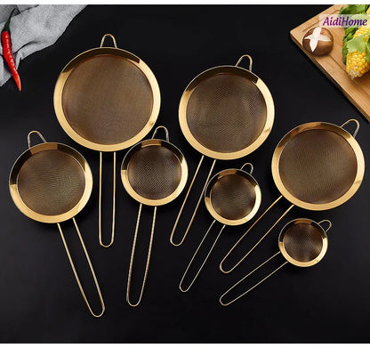 Stainless Steel Gold Mesh Egg Beater Separate Oil Strainer Flour Sifter Sieve Colanders Flour Coffee Mesh Filter Kitchen Bakware