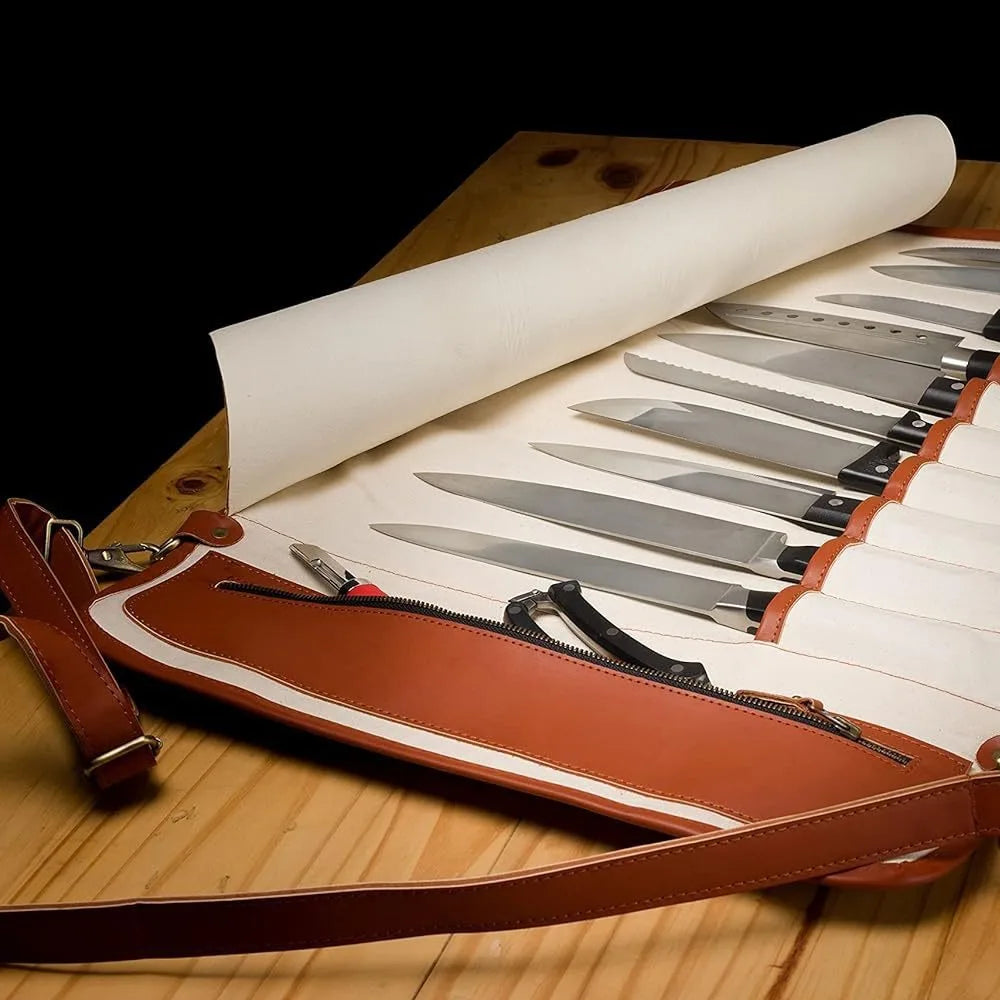 תיק עור לגלגול סכינים – מארגן סכינים מקצועי, נייד ונוח לשפים ולסטודנטים לקולינריה