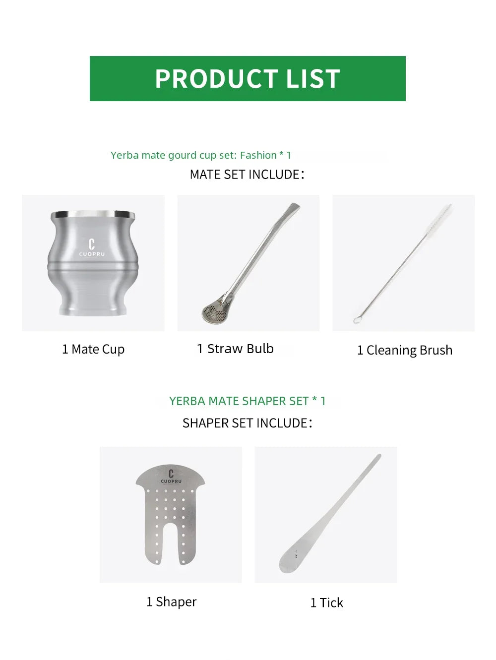 طقم متكامل وعالي الجودة يشمل كوب CUOPRU مزدوج الجدار المصنوع من ستانلستيل فاخر، مع مصفاة شاي احترافية، وقشة بومبيّا (Bombilla) للتصفية المثالية، إضافةً إلى فرشاة تنظيف للحفاظ على لمعان الكوب ونظافته. اختيار راقٍ لعشّاق الماته والذوق الرفيع.