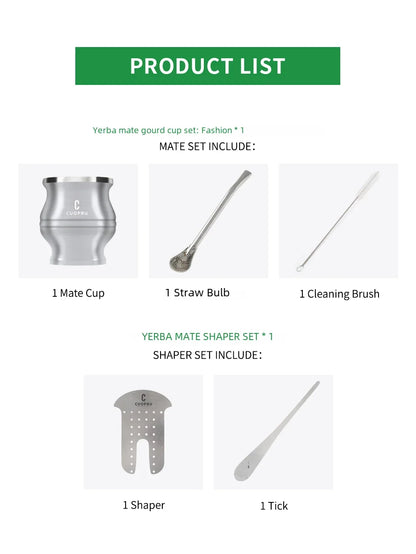 طقم متكامل وعالي الجودة يشمل كوب CUOPRU مزدوج الجدار المصنوع من ستانلستيل فاخر، مع مصفاة شاي احترافية، وقشة بومبيّا (Bombilla) للتصفية المثالية، إضافةً إلى فرشاة تنظيف للحفاظ على لمعان الكوب ونظافته. اختيار راقٍ لعشّاق الماته والذوق الرفيع.