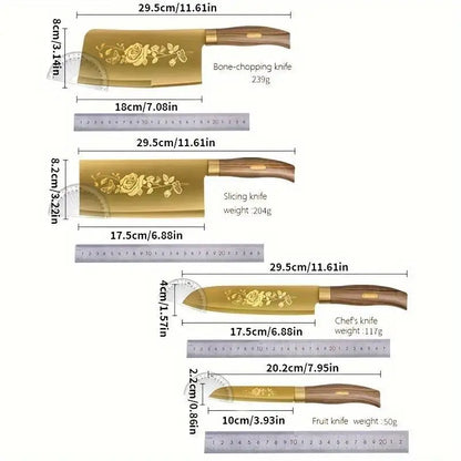 סט סכינים למטבח בציפוי טיטניום – חדות במיוחד, עמידות לאורך זמן, מושלם לחיתוך בשר ועצמות, מתאים למטבחים מקצועיים ולשימוש ביתי.