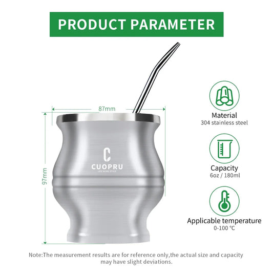 طقم متكامل وعالي الجودة يشمل كوب CUOPRU مزدوج الجدار المصنوع من ستانلستيل فاخر، مع مصفاة شاي احترافية، وقشة بومبيّا (Bombilla) للتصفية المثالية، إضافةً إلى فرشاة تنظيف للحفاظ على لمعان الكوب ونظافته. اختيار راقٍ لعشّاق الماته والذوق الرفيع.